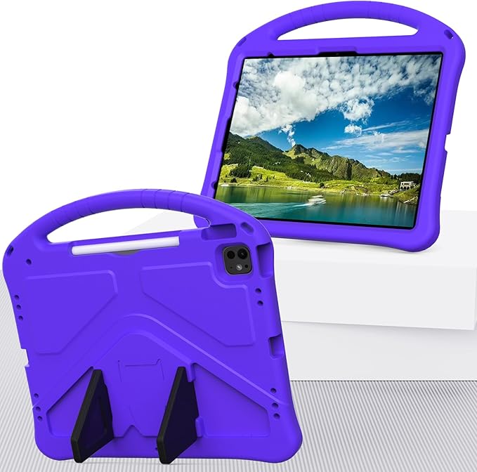 Kids Case for iPad Air 13 inch M4/M3/M2 (2026/2025/2024) with Pencil Holder/Shockproof Handle/Kickstand/Slim Lightweight Soft EVA Foam Folio Stand Tablet Protective Girls Boys Cover, Purple