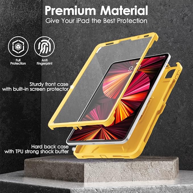 DTTO for iPad Pro 11 inch Case 2022(4th Gen)/2021(3rd Gen), [Screen Protector] Dual Layer Full Body Protection Cover with Pencil Holder, Also Fit iPad Pro 11'' 2020&2018/iPad Air 5/Air 4 - Yellow