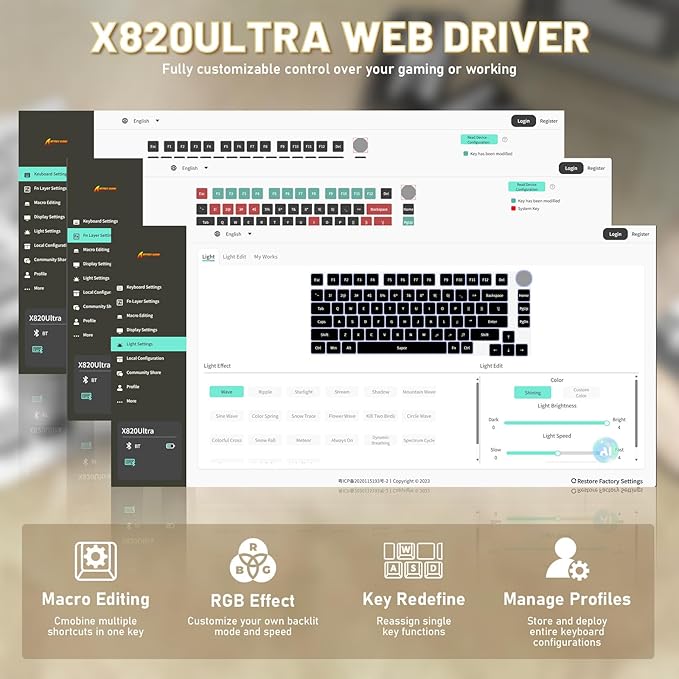Attack Shark X820Ultra Wireless 75% Mechanical Gaming Keyboard with Screen & Knob Hot Swap 2.4GHz/BT/Wired RGB Backlit Gasket Mount Side Print PBT Keycap QMK Web Driver Shark Switch-White Contour