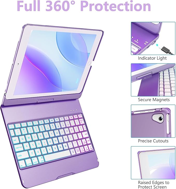 MMK iPad Keyboard Case for iPad 6th Gen 2018, iPad 5th Gen 2017, iPad Pro 9.7, iPad Air 2, iPad Air 1, Backlit 10 Color 360 Screen Rotation iPad Case with Keyboard, Auto Sleep/Wake (Purple)