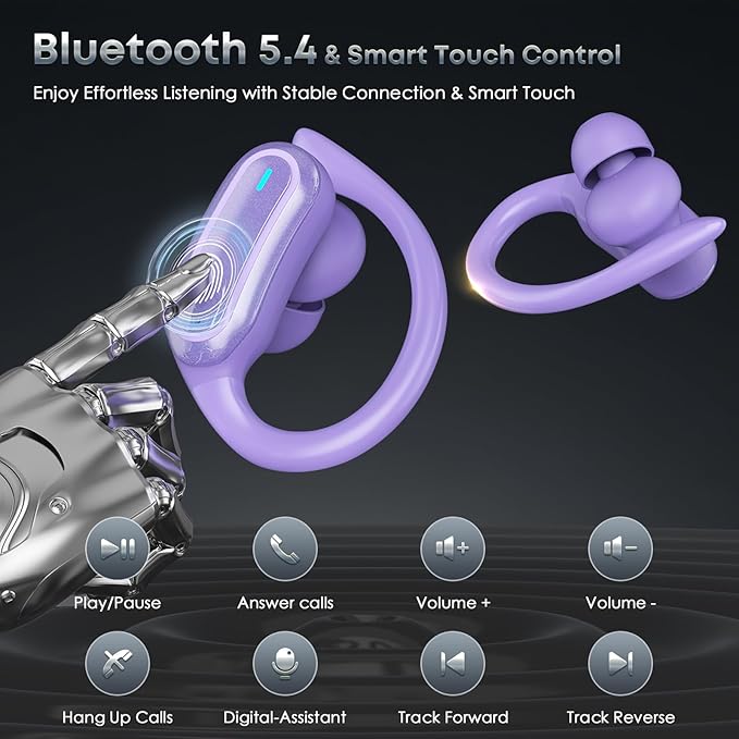 Wireless Earbuds Bluetooth 5.4 Headphones, 54H Playtime Stereo Earphones with Noise Cancelling Mic, IPX7 Waterproof, Fast Charging and Comfort Fit Ear Buds for Fitness/Sports/Workouts/Travel Purple
