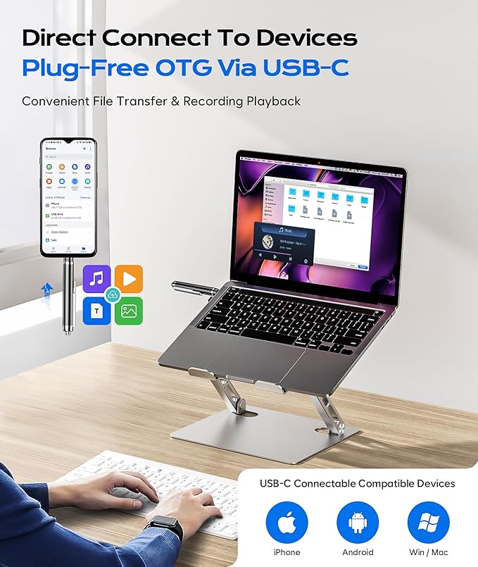 72GB Digital Voice Recorder with USB Type-C Plug, Portable OTG File Transfer Recording Device, Voice Active Recorder with One-Touch Start, Portable Audio Recorder for Meeting, Interviews, Class, Work