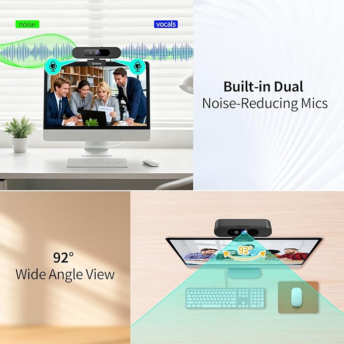 TOALLIN 4K AI Webcam for PC, AI Auto-Framing, WDR/HDR, Pic-in-Pic, Built-in Dual Mics, 5X Adjustable Zoom, Image Mirroring, 92° FOV Webcam for Video Conferencing, Streaming, Video Calls