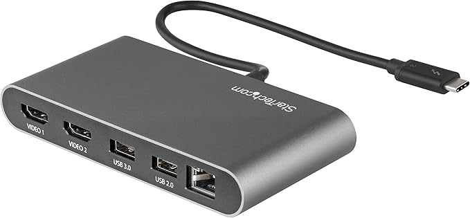 StarTech.com Dual-Monitor Thunderbolt Mini Dock, 4K 60Hz HDMI, Driverless Hub for Windows and Mac, Gigabit Ethernet, 1 x USB 5Gbps, 1x USB 2.0, 11in (28cm) Cable