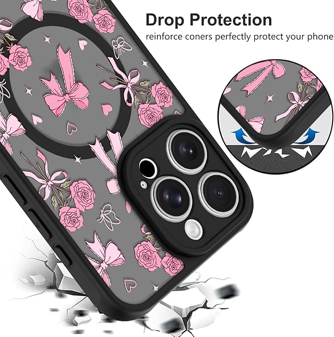 KANGHAR Case Compatible with iPhone 15 Pro Bows Bouquet Pattern [Compatible with Magsafe] Cute Flowers Florals Protective Magnetic Case for Girls Women Men