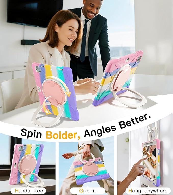 BRAECN for iPad Air 13 Inch Case M4 2026/M3 2025/M2 2024 & iPad Pro 12.9 Case (6th/5th4th/3rd Gen), Heavy Duty Silicone Cover with 360° Swivel Kickstand, Shoulder Strap, Pencil Holder, Colorful Pink