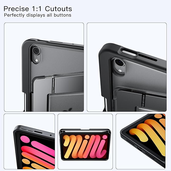 Case for iPad mini 7 A17 Pro Case, iPad mini 6 Case with Pencil Holder,Multi-Angle Ultra Stable Dual Stand,Slim Duty Shockproof Protective Case with Kickstand,Black