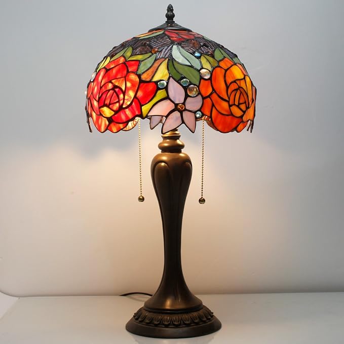 WERFACTORY Tiffany Lamp Stained Glass Table Lamp Red Rose Flower Bedside Desk Reading Light 12X12X22 Inches Decor Bedroom Living Room Home Office S001 Series
