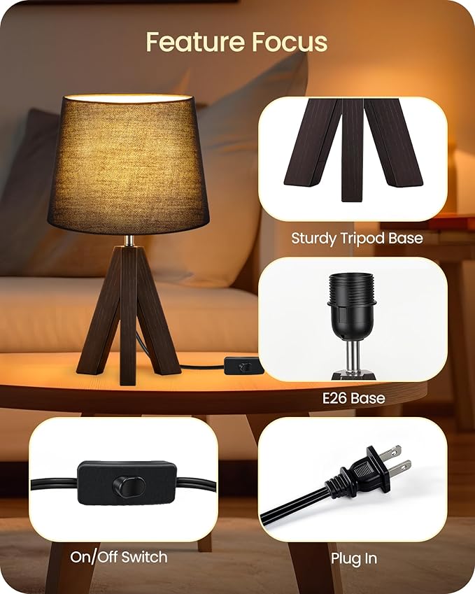 Tripod Table Lamp, 14.6" Small Bedside Lamp, Modern Nightstand Lamp with Black Shade & Dark Walnut Base, Boho Desk Lamp for Bedroom, Kids Room, Living Room, Study, E26 Socket, VB51TL05