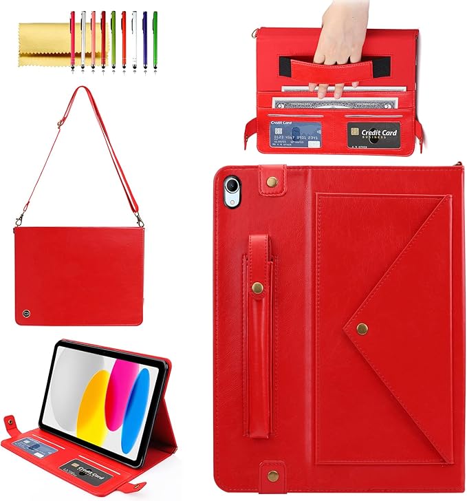 Handbag Case for iPad (A16) 11" 2025 & iPad 10th Gen 10.9", Techcircle Folio Stand PU Leather Multi-Card Slots Envelope Pocket Wallet Cover with Hand Strap+Shoulder Strap+Pen Holder, Red