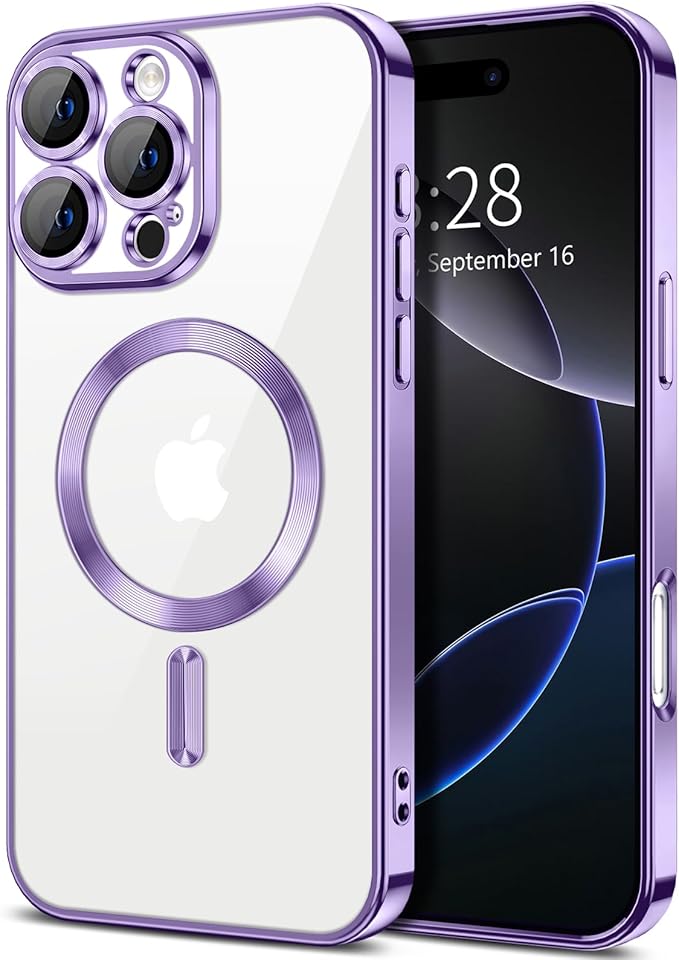 Hython Magnetic Clear for iPhone 16 Pro Max Case with Camera Lens Protector [Compatible with MagSafe] Plating Edge Slim Soft TPU Cover Protective Phone Case for iPhone 16 Pro Max 6.9", Light Purple