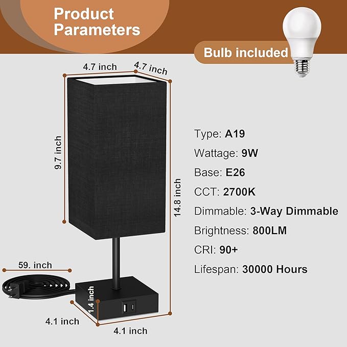 Table Lamp for Bedroom, 3 Way Dimmable Touch Bedside Lamp, Small Lamp with 2 USB C+A Charging Ports, Black Nightstand Lamps for End Table, Living Room, Desk, Bulb Included