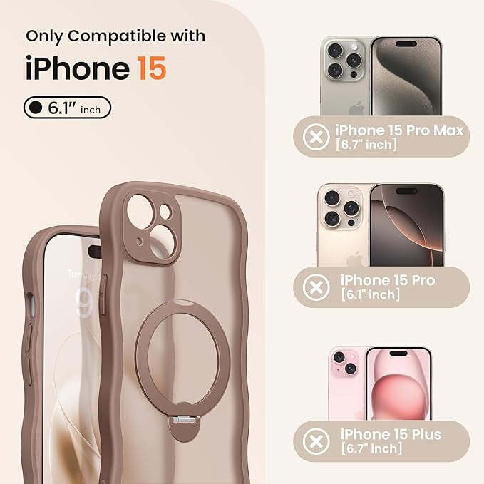 CAPRARO for iPhone 15 Case with 360° Spin Magnetic Stand for Women, [Compatible with MagSafe] [Full Camera Protection] Cute Wave Translucent Matte Case for iPhone 15, Brown