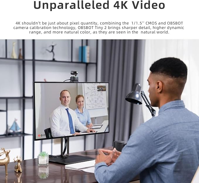 OBSBOT Tiny 2 AI-Powered PTZ 4K Webcam 1/1.5" CMOS 4X Faster Focusing USB 3.0 10x Faster Data Transmission Voice Control, W Tiny Smart Remote 2