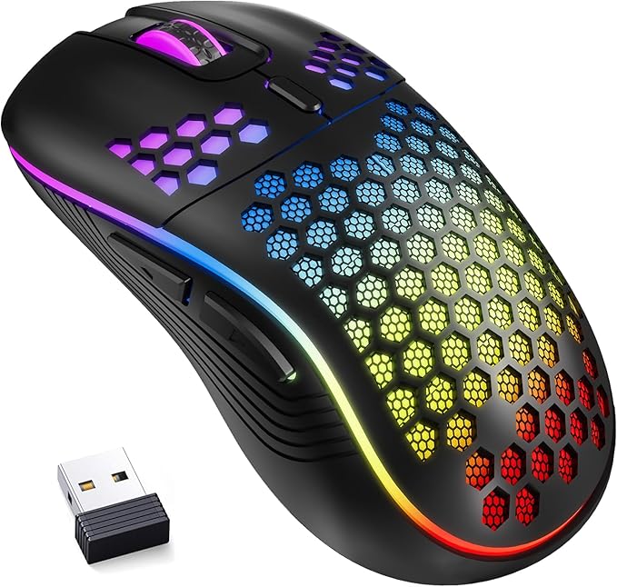 MELOGAGA Wireless Gaming Mouse Honeycomb 2.4G USB Cordless Mouse RGB Rechargeable PC Game Mice with 7-Color LED Lights，4 Adjustable DPI for Windows Laptop Desktop Computers (Black)