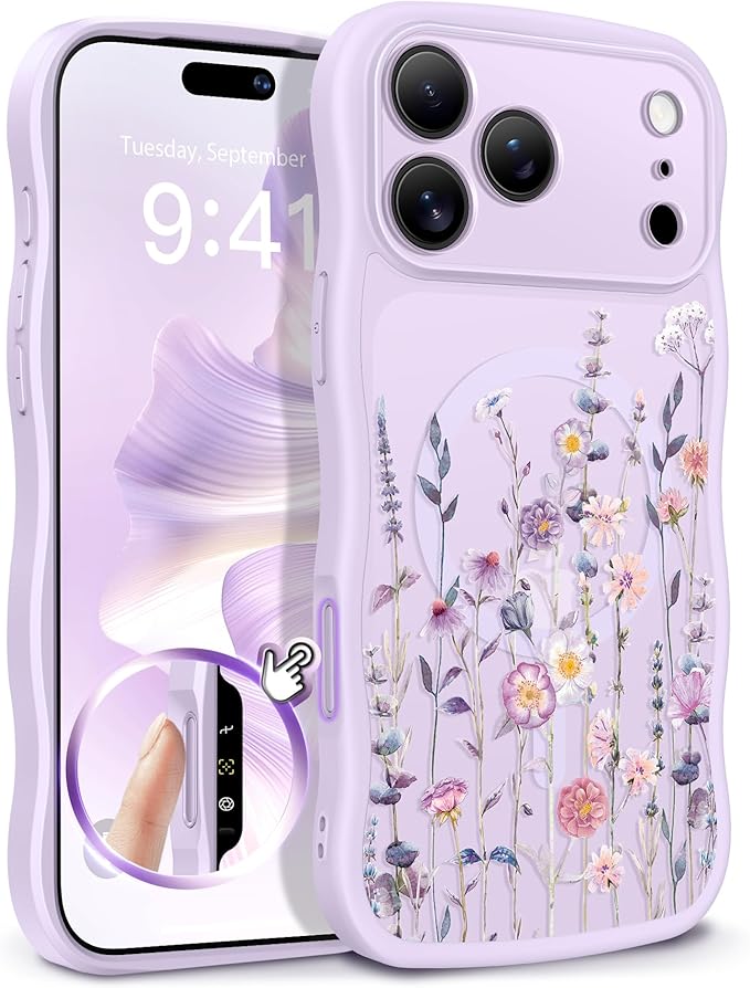 GVIEWIN for iPhone 17 Pro Max Case Compatible with MagSafe [Curly Wave Edge][Full Camera Protection] Floral Translucent Shockproof Magnetic Women Phone Case for 17 Pro Max, Floratopia/Purple