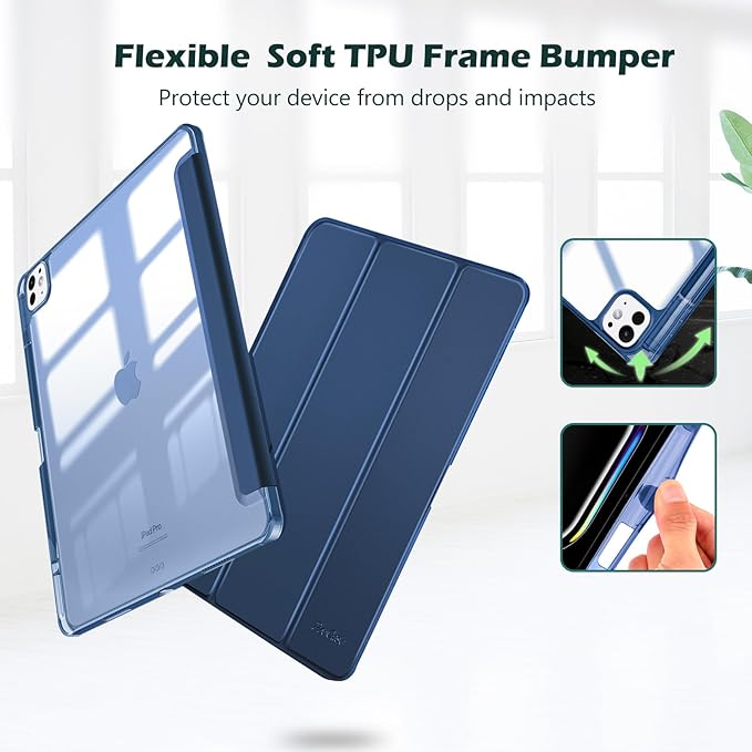 ProCase for iPad Pro 13 Inch Case M5 2025/ M4 2024 with Pencil Holder, Slim Stand Clear Shell Back, Shockproof Cover iPad Pro M5 M4 Case 13 Inch, Supports Touch ID, Auto Wake/Sleep -Navy