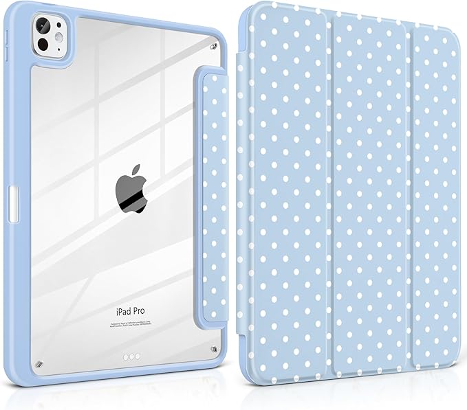 Case for iPad Pro 11 Inch (M5 2025 M4 2024) – [Built-in Pencil Holder], Shockproof & Stylish, Clear Hard Back + Soft TPU Edge, Magnetic Trifold Stand, Auto Wake/Sleep, Blue White dot