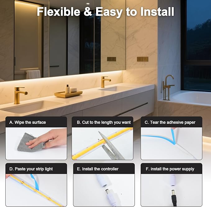 LED Strip Lights 16.4Ft Warm White Light 3000K Dimmable 24V COB Super Bright LED Strip Lights Suitable For Bedroom, Cabinet, TV lights and Home Indoor Decoration led tape lights( With Power Adapter )