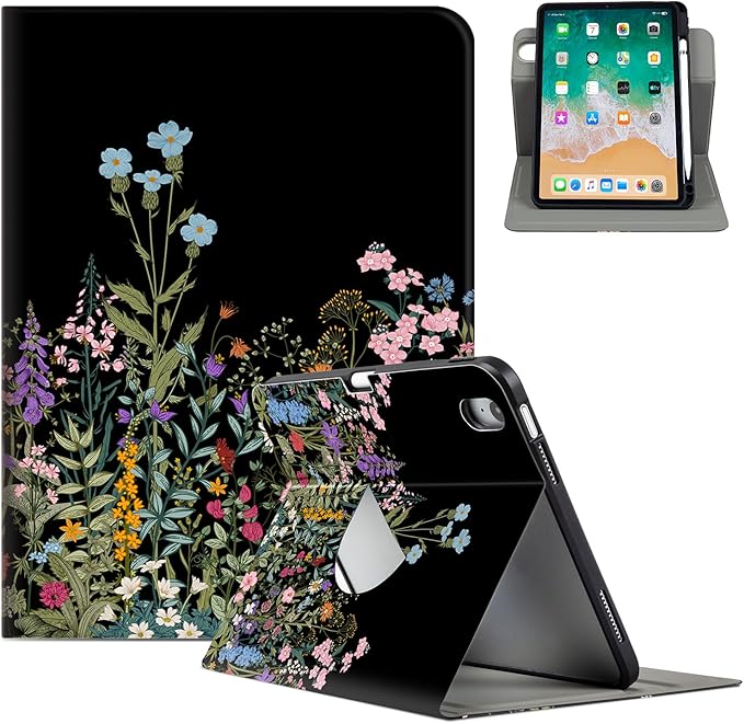 for iPad (A16) 11Th/10Th Generation Case 2025/2022, for iPad A16 Case 11th/10Th Generation 360 Degree Rotating Pencil Holder, Auto Wake/Sleep 4 Viewing Angles Slim Cover, Black Flower Art