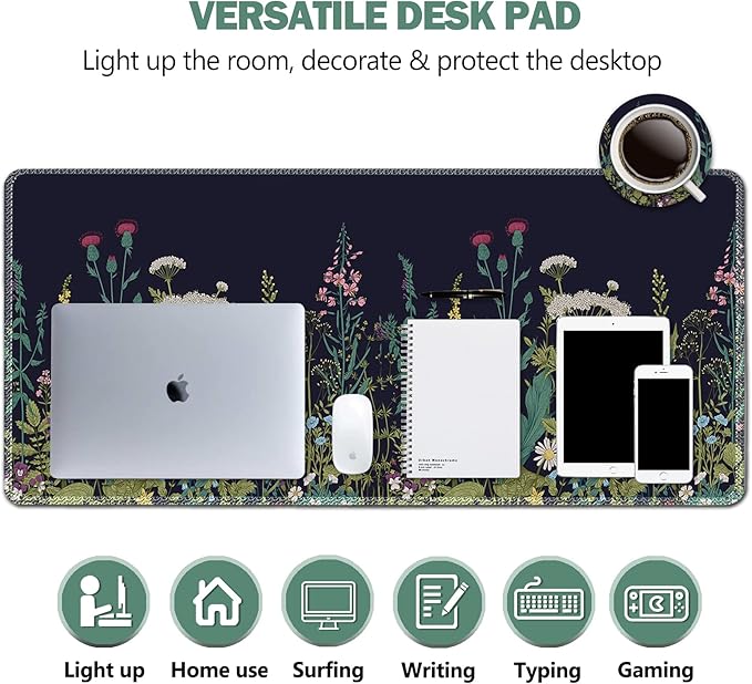 Large Gaming Mouse Pad, AIMSA Extended Mouse Pad with Stitched Edge, XL Keyboard Mouse Mat Non-Slip Rubber Base Desk Pad 31.5x15.7inch for Office Home Game Work -Flowers Plants