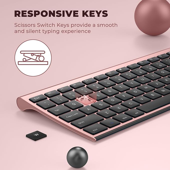 Wireless Keyboard and Mouse, Vssoplor Rechargeable Quiet Full-Size Keyboard and Mouse Combo Set Ultra Slim Design for Laptop, PC, Notebook, Desktop-Black and Rose Gold