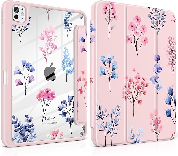 Case for iPad Pro 11 inch (M5) 2025 (M4) 2024 Release Slim Lightweight Cute Light Pink Cover with Clear Back TPU Edge Pencil Holder Trifold Stand, Hand-Drawn Florals