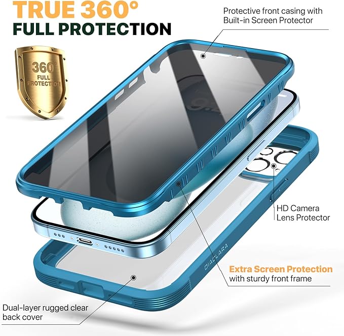 Diaclara Designed for iPhone 15 Case, Full Body Rugged Case with Privacy Built-in Touch Sensitive Anti-Scratch Screen Protector, with Camera Lens Protector for iPhone 15 6.1", Blue