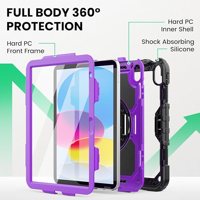 SEYMAC Case for iPad (A16) 11th/10th Generation 2025/2022 (11″/10.9″), Sturdy Heavy Duty Full-Body Shockproof Protective Case with Screen Protector, Rotating Stand, Hand/Shoulder Strap, Purple