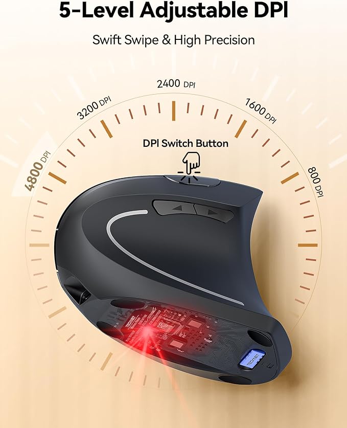 TECKNET Rechargeable Wireless Ergonomic Mouse,2.4GHz USB Vertical Mouse with Silent Click,4800 DPI Mouse with 6 Adjustable DPI,6-Button Computer Mouse for Laptop,PC, MacBook (No Batteries Needed)