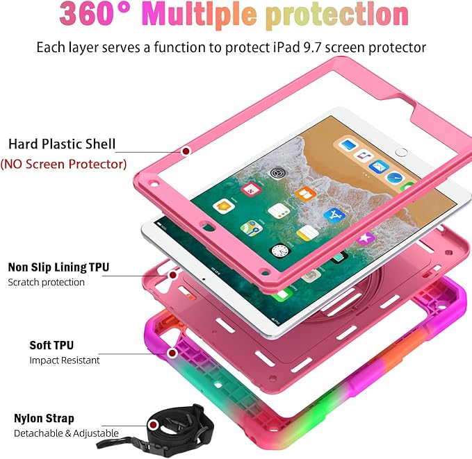 BMOUO Case for iPad 6th/5th Generation Case (9.7 inch, 2018/2017), 360°Rotating Stand, Hand/Shoulder Strap Shockproof iPad 9.7” Case for iPad Air 2, Rose