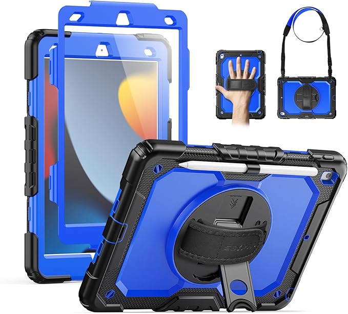 SEYMAC for iPad 9th/8th/7th Generation Case 10.2" 2021-2019, Full-Body Shockproof Heavy Duty Protective Case with Screen Protector, Rotating Stand/Handle/Shoulder Strap for iPad 10.2, Black/Blue
