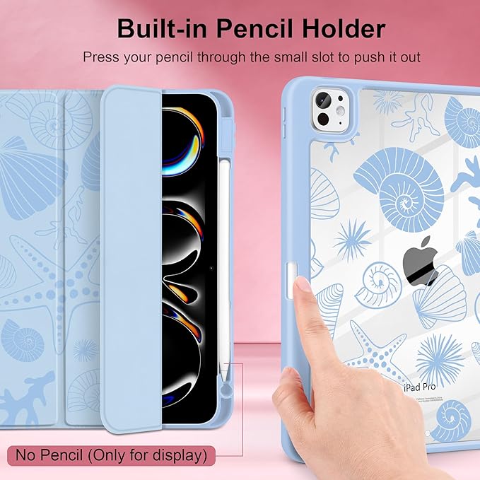 Case for iPad Pro 13 inch (M5) 2025 (M4) 2024 Release Slim Lightweight Cute Light Blue Cover with Clear Back TPU Edge Pencil Holder Trifold Stand, Starfish and Shells