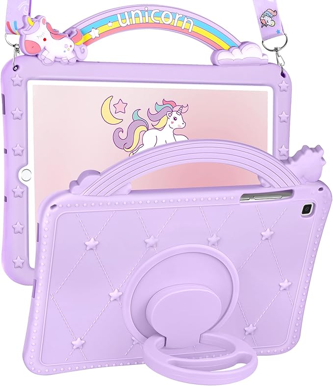 Wazzasoft for Samsung Galaxy Tab S6 lite Case 10.4" - Girls Cute Women Cartoon Kawaii Purple 3D Design Cover with Rotating Stand & Strap Unique Girly Funda for Samsung Tab S6 lite Case (2022/2020)