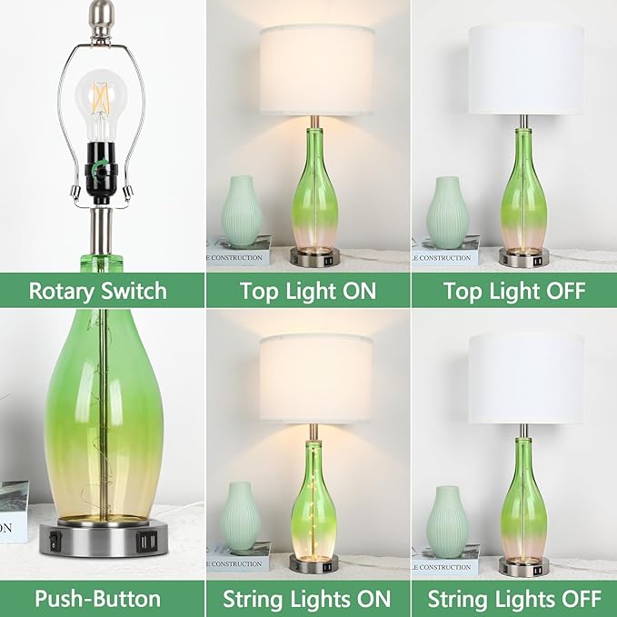 BesLowe 26in Tall Glass Table Lamps Set of 2 with 2 USB Charging Ports & LED Nightlight, Large Coastal Table Lamps for Living Room End Table, Modern Beach Lamps for Bedroom Bedside Nightstand, Green