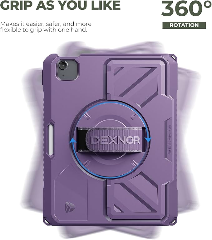 Dexnor Case for iPad Air 11 inch M4/M3/M2, iPad Air 5th/4th Generation 10.9 inch Rugged Case with 360° Rotating Hand Strap & Stand & Screen Protector & Pencil Holder Shockproof Full-Body Cover, Purple