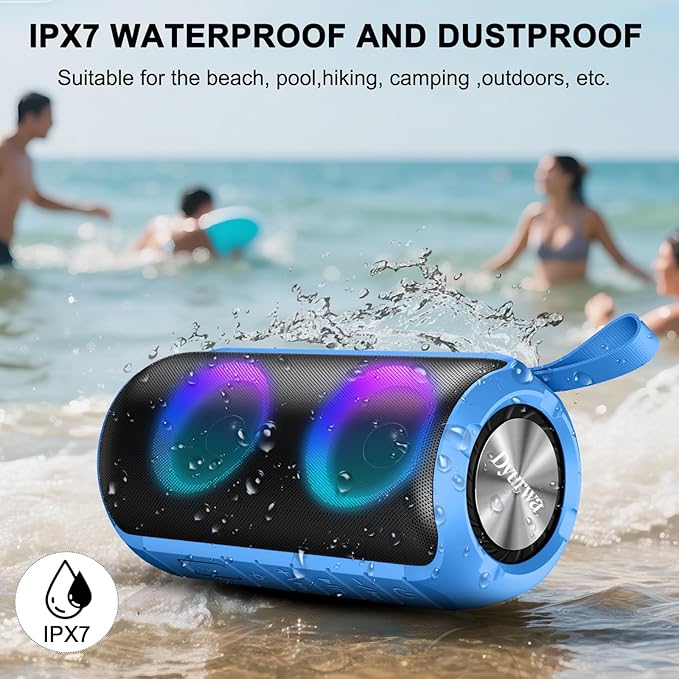 Bluetooth Speaker with 360°HD Stereo Sound, BT5.3, Built-in Mic, RGB Lights, NEW Portable Wireless Speaker IPX7 Waterproof, 12H Playtime, Speaker for Outdoors, Home/Trip/Ideal Gift for Men Women, Blue