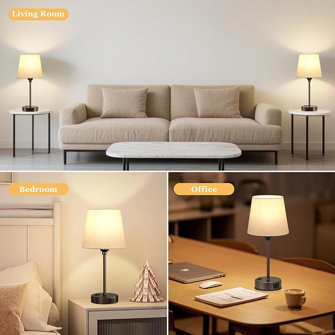 Brown Bedside Lamps for bedrooms Set of 2 - Nightstand Bedroom Lamp with USB C Port and AC Outlet Charging, 3 Way Dimmable Touch Control Small Bed Side Table Lamp, Nightstand Light for Kids