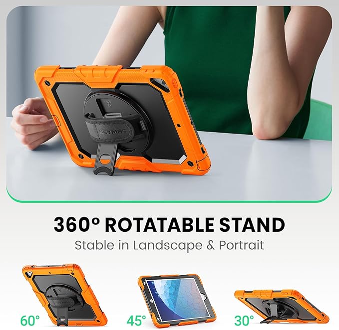 SEYMAC for iPad Air 3/ Pro 10.5 inch Case, Heavy Duty Full-Body Shockproof Protective Case with Screen Protector, 360° Rotating Stand, Hand/Shoulder Strap for iPad Air 3rd Gen, Orange