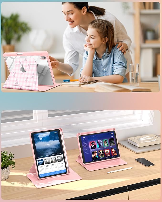 Uppuppy for iPad mini 7 Case (A17 Pro) for iPad mini 6th Generation Case - 360 Rotating Stand Folio Smart Cover with Pencil Holder for Women, Pink Bow Plaid for Apple Tablet Mini 8.3 inch 2024/2021