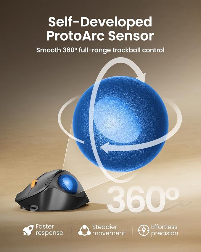 ProtoArc Wireless Bluetooth Trackball Mouse, EM02 Two Adjustable Angle Ergonomic Rechargeable Computer Ball Mouse, 3 Device Connection, Thumb Control and Smooth Tracking for Laptop, PC, Mac-Blue