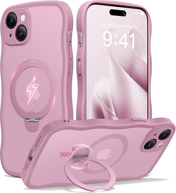 CAPRARO for iPhone 15 Case with 360° Spin Magnetic Stand for Women, [Compatible with MagSafe] [Full Camera Protection] Cute Wave Translucent Matte Case for iPhone 15, Black Currant