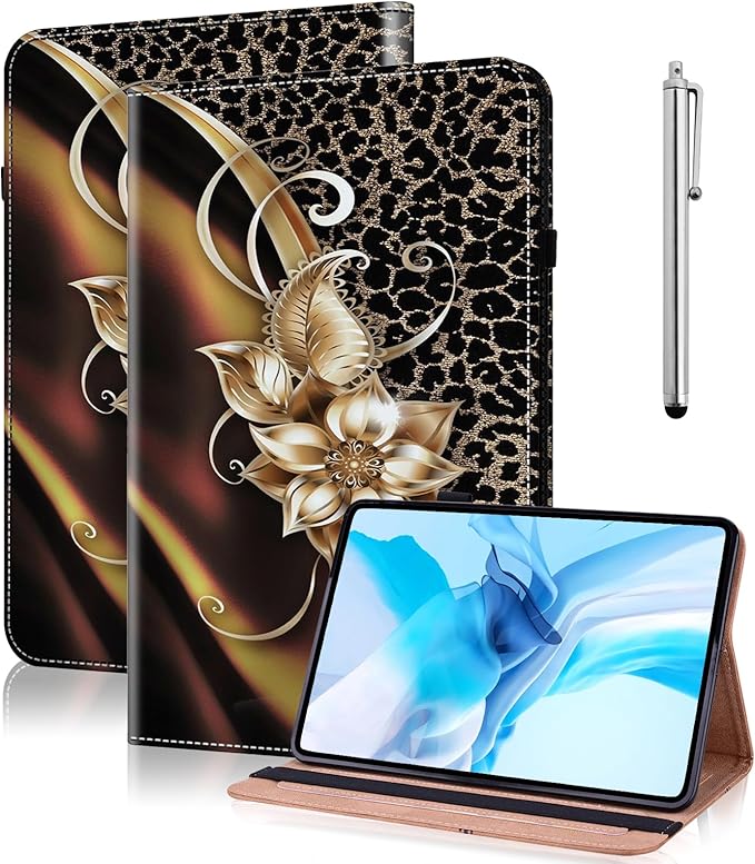 Case for iPad Pro 12.9-Inch 2022/2021/2020/2018 (6th/5th/4th/3rd Generation) with Pen Holder & Card Slots, Premium PU Leather Flip Folio Kickstand Case- Metallic Flower
