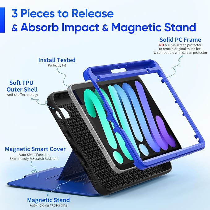 SEYMAC stock Case for iPad mini 7 (A17 Pro)/ Mini 6 8.3'', Strong Magnetic Auto Sleep Shockproof Case with Absorbing Multi-Angles Stand, Pen Holder, Card Slot, Blue