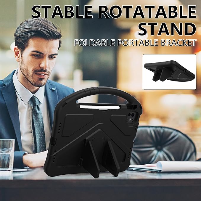 Kids Case for iPad Air 11 inch M4/M3/M2 (2026/2025/2024) & iPad Pro 11 inch M5/M4 (2025/2024) with Pencil Holder/Handle Kickstand/Lightweight Soft EVA Shockproof Boy Girl Stand Cover, Black