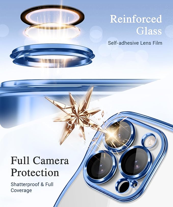 GVIEWIN for iPhone 16 Pro Case Compatible with MagSafe, Upgraded [Full Camera Protection][Cute Wave Frame][Military Grade Protection] Electroplated Soft Phone Cover for Women Girl, Clear/Light Blue