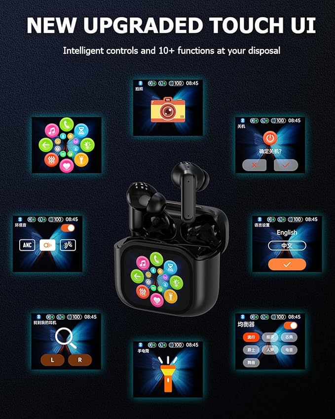 Wireless Touchscreen Earbuds with Smart Touch Screen Case - True Wireless Bluetooth ANC Active Noise Cancelling Earbuds - Blue Tooth Earphones for iPhone Android In Ear Headphones