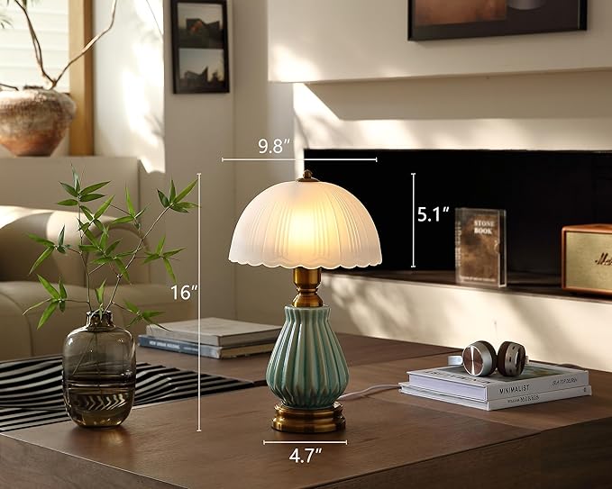 Glivpny Vintage Table Lamp for Living Room,16" Mid Century Modern Ceramic Lamps for Bedroom,Retro Bedside Nightstand Mushroom Glass Lamps, Classic Chinoiserie Green Lamp for Home Decor (LD004)