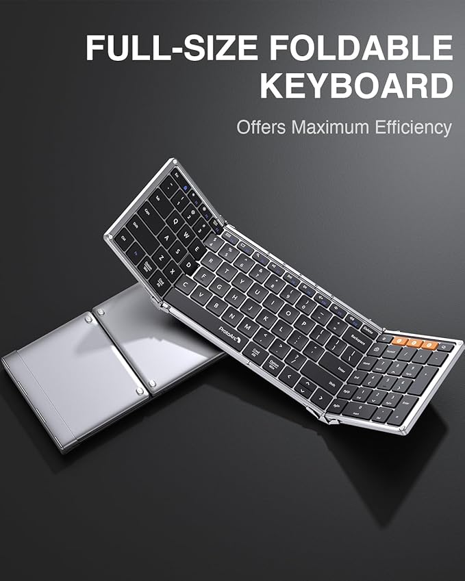 ProtoArc Foldable Bluetooth Keyboard, XK01 Full-Size Portable Keyboard for Travel, 105 Keys, 0.65" Keycaps, Multi-Device Sync for iPad Tablet Smartphone Laptop PC Windows iOS Android, Black Silver