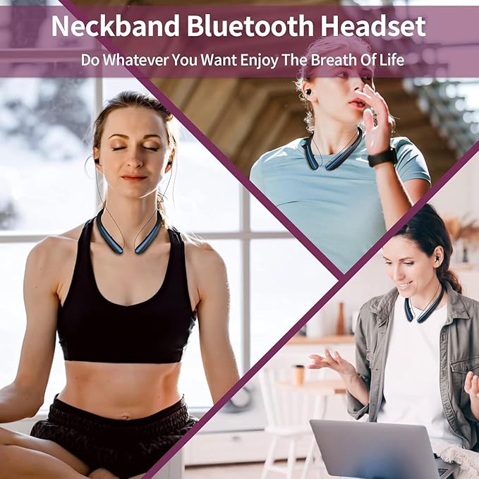 Neckband Bluetooth Headphones, 24H Battery with Auto-Retractable in-Ear Earbuds, HiFi Stereo Sound & Hybrid Active Noise Cancelling for Sports, Gym, Running, Workout, Hands-Free Calling